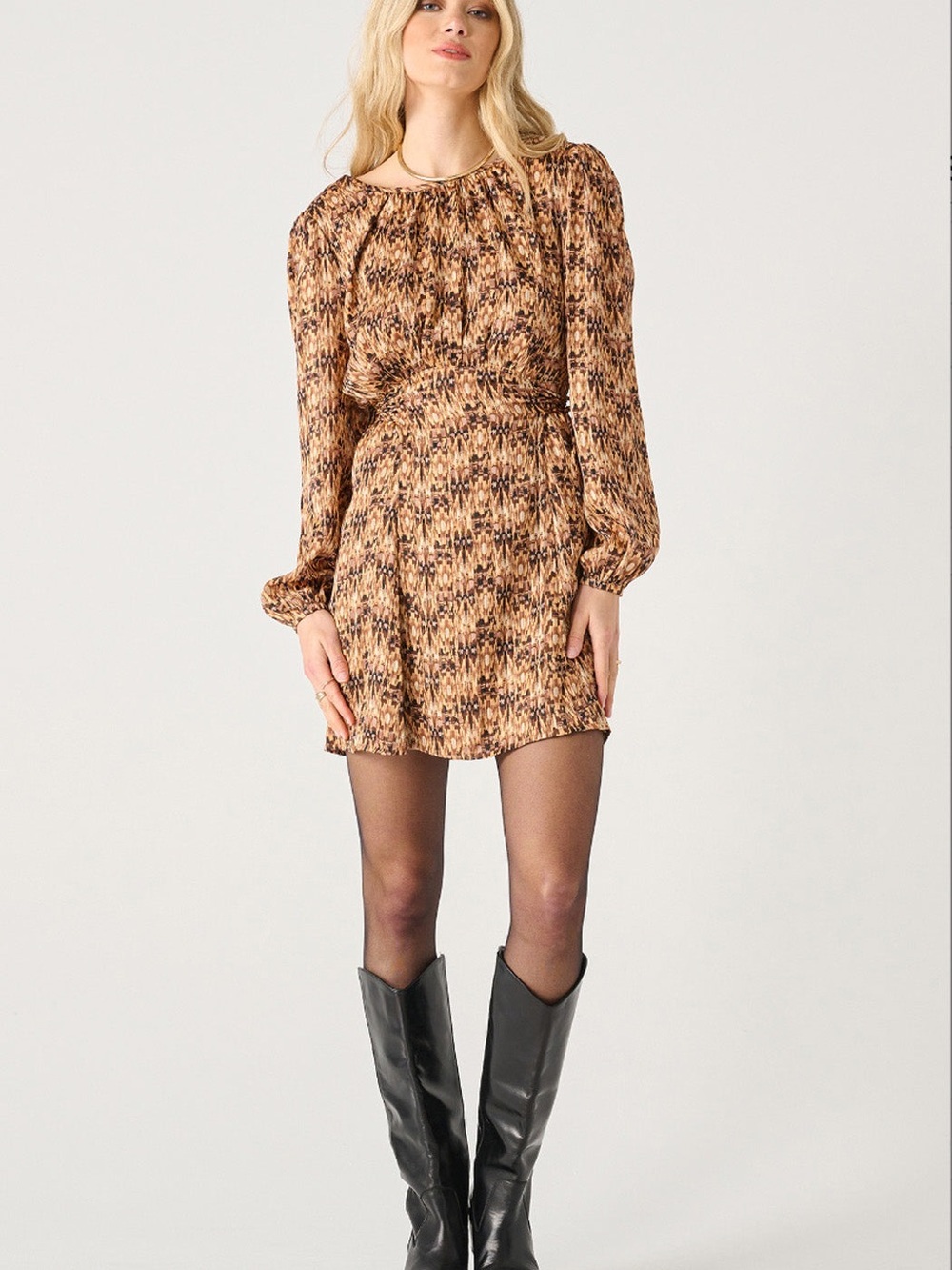 Brown Bronze Printed Long-Sleeve Mini Dress